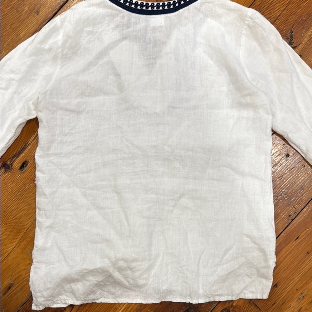 Symple NYC Tunic Embroidered Linen White and Navy Top size medium - Picture 11 of 13